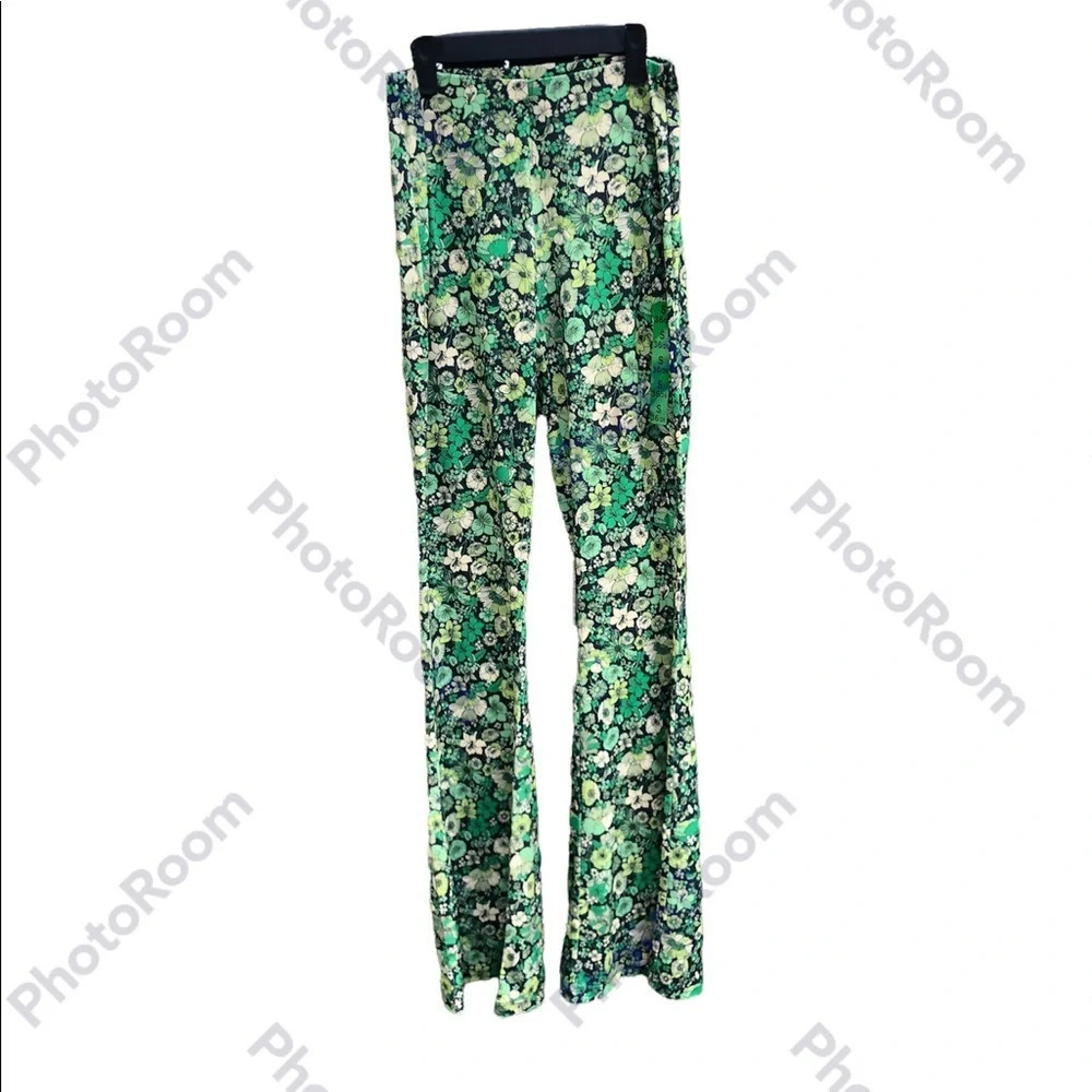 NWT ZARA GROOVY GREEN FLORAL BELL BOTTOM PANTS
